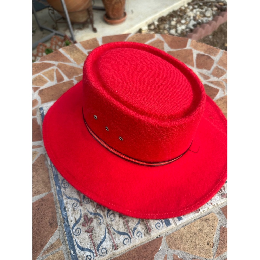 Vintage Red Felt Telescope Crown Hat Wide Brim Hecho en Mexico Size 7 1/4 58